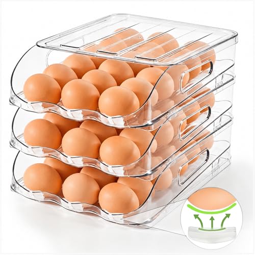 SMRCAD Egg Holder for Fridge Automatic Steady Rolling Egg Dispenser with Silicone Bumpers & Handle for Refrigerator Large Capacity Egg Organizer with Lid
