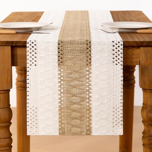 Image of MLMC Ivory & Burlap Boho Table Runner Farmhouse Cotton Burlap Woven Table Runner 72 inch Long Rustic Seasonal Table Decor for Dinning Kitchen Wedding Bridal Shower Eveyrday Use 12x72 Inch