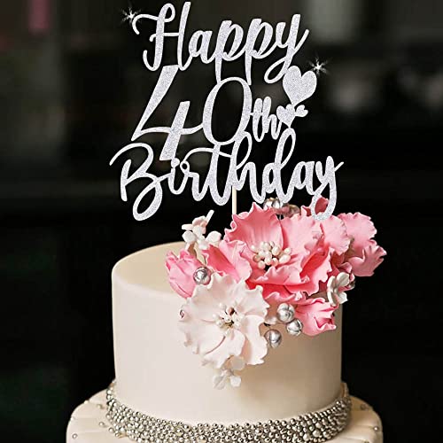 Yuinyo 40Th Handmade Glitter Happy Birthday Cake Topper, Cheers To 40Th Birthday Cake Bunting Decor,Forty Birthday Party Decoration Supplies (Silver) #TOP2