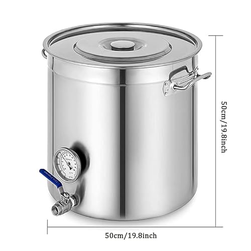 Aizyr Beer Brewing Fermentation Kettle Stainless Steel Stock Pot Boiling Bucket Barrel With Lid, Thermometer & Ball Valve Spigot For Home And Commercial,50X50Cm #TOP6