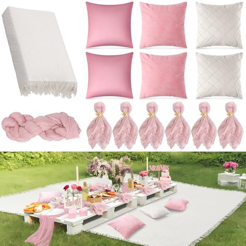 118 x 71 Extra Large Outdoor White Picnic Blankets with Pink Tulle Table Runner Cheesecloth Napkins Plush Throw Pillow Covers Oversize Beach Blanket Essentials for Wedding Picnic Camp(Stylish,14)
