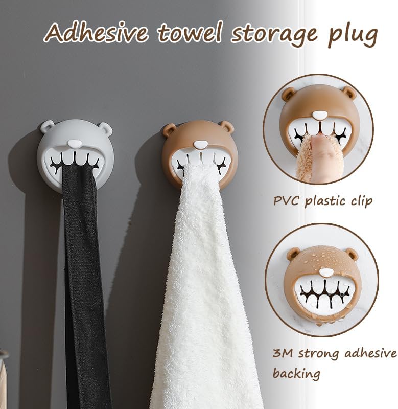 4 Pack Cute Bear Towel Hooks - Adhesive Kitchen & Bathroom Towel Holder, No Nail Wall Mount for Dish Towels, Hand Towels, or Washcloths, Perfect for Cabinet, Fridge Side, or Countertop Storage