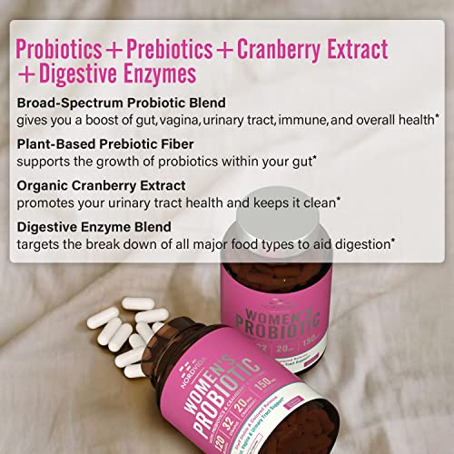 Nordvida Women's Probiotic, 120 Billion & 32 Strains, Shelf Stable Probiotic For Gut, Vagina & Urinary Tract, With Cranberry, Prebiotic, Digestive Enzymes, No Gluten Dairy, 30 Delayed Release Capsules #TOP2