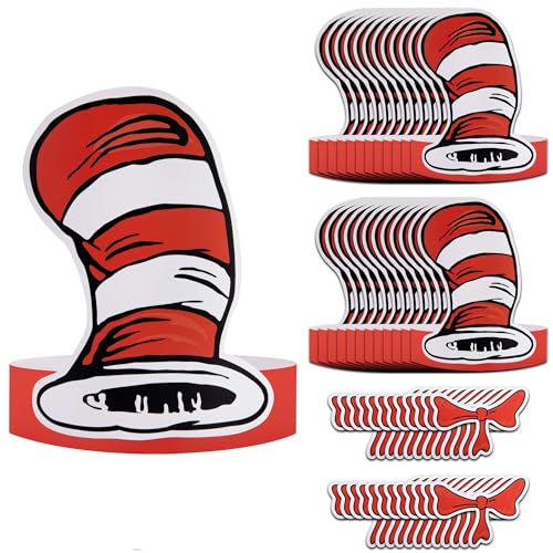 Wehhbtye 24 Pcs White and Red Striped Paper Hats and Bow Tie, Red Cat Costume Top Hat with Glue Point, Circus Paper Headwear for Back to School Classroom Birthday Cosplay Halloween Party Supplies