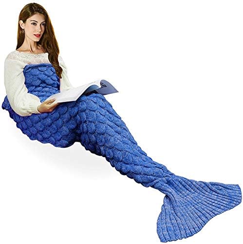 yashidali Wearable Mermaid Tail Blanket Crochet, All Seasons Warm Knitted Bed Blankets Sofa Living Room Quilt for Kids and Adults, Fish-Scales Pattern, 70.9" x 35.5" (180 x 90cm), Dark Blue