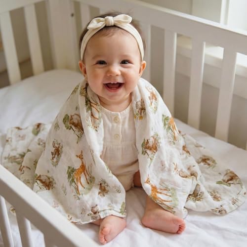 Image of GLLQUEN BABY Receiving Blanket Boy Cotton Muslin Swaddle Blankets Girl Newborn Squares Breathable & Soft Thin Baby Blankets Cloths Double Absorbent Infant Swaddling Wrap - 6 Pack (Deer & Soft Light)