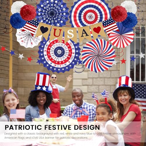 Image of 4th of July Decorations Patriotic Decor Love USA Banner Red White Blue Paper Fans Independence Day Star Streamer, Pom Poms, Hanging Swirls Party Decor Supplies