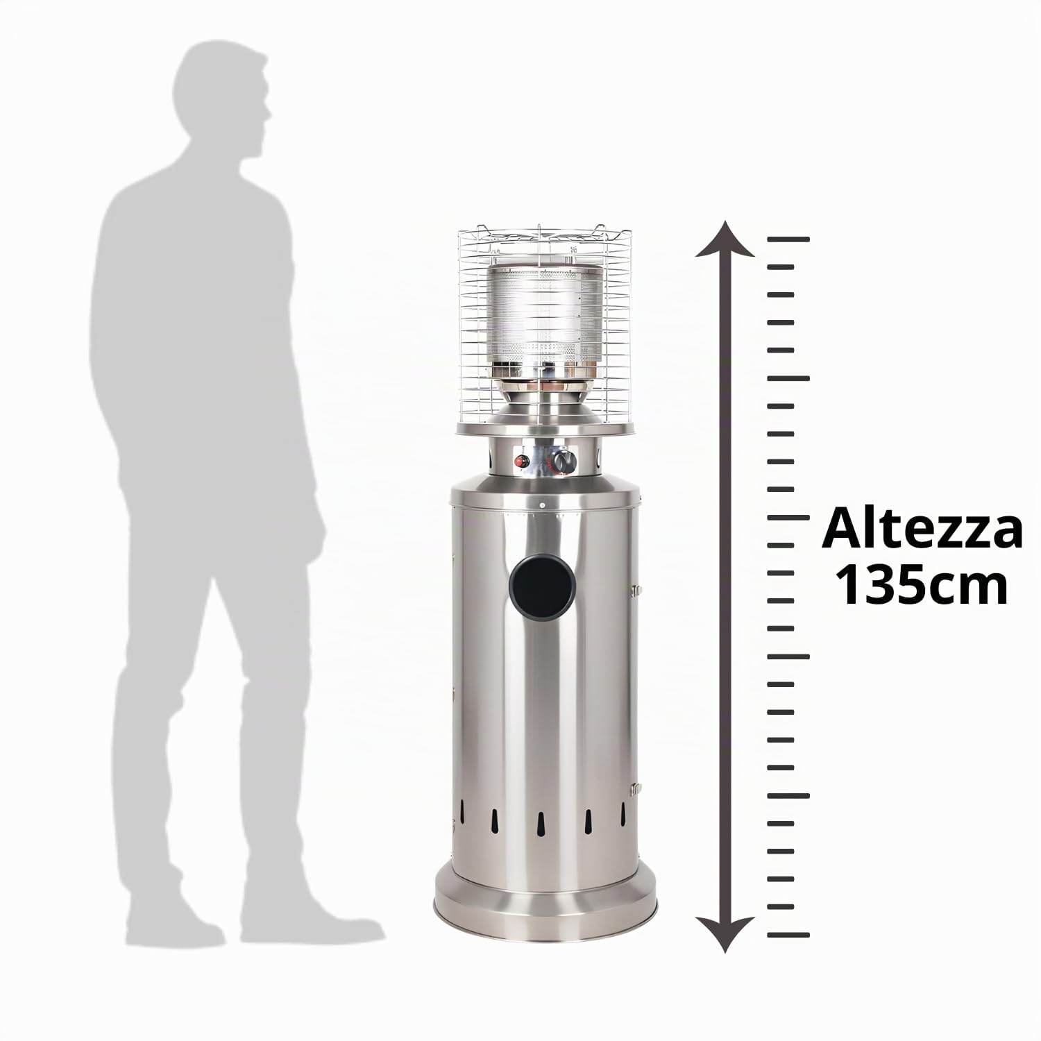 Marvin Stufa a Gas da Esterno, Riscaldatore Gpl Portatile con Ruote FIRE, Bruciatore Riscaldante Arredo, per Terrazzo Patio Giardino Locali Ristoranti Bar, In Acciaio Potenza 13 Kw (Acciaio Inox)