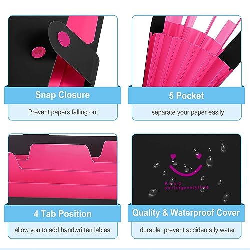 Image of NISUN 5 Pockets File Organizer, Expanding File Folder, Accordion Document Organizer, Adjustable Buckle Folder, A4 Portable Accordion Paper /Bill /Receipt Bag - Black /Pink