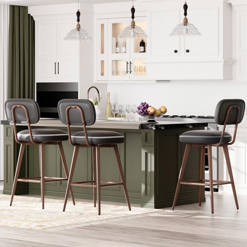 Image of MALOL 26 inch Swivel Bar Stools Set of 3, Mid Century PU Leather Counter Height Bar Chairs with Low Back and Metal Legs, Modern Bar Stool Chair for Kitchen Island, Black