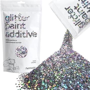 Hemway Glitter Paint Additive - Gun Metal Grey Holographic | Extra Chunky Flakes for Adding Sparkle to Paints & Wood Varnish | Add to Emulsion, Acrylic & Latex for Indoor Sparkly Walls | 100 g