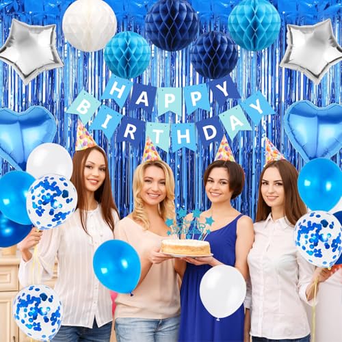 Image of Blue White Birthday Party Decorations Supplies Happy Birthday Banner Honeycomb Balls Fringe Curtain Foil Balloons Hanging Swirls Cake Topper Tablecloth Party Supplies for Boys Men