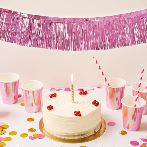 Image of 5 Pack 10 Feet Pink Fringe Garland - Metallic Streamers Tinsel Banner for Birthday Party Decor - St Patrick Halloween Christmas Decoration