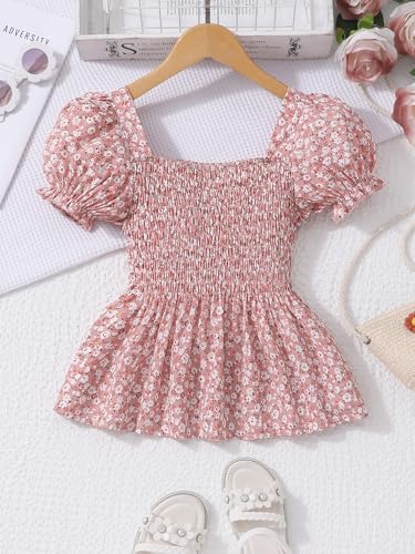 Seechoslo 2025 Tween Girls’ Cute Short Sleeve Square Neck Smocked Elastic Short Sleeve Woven Shirt Top (US, Age, 8 Years, Pink)