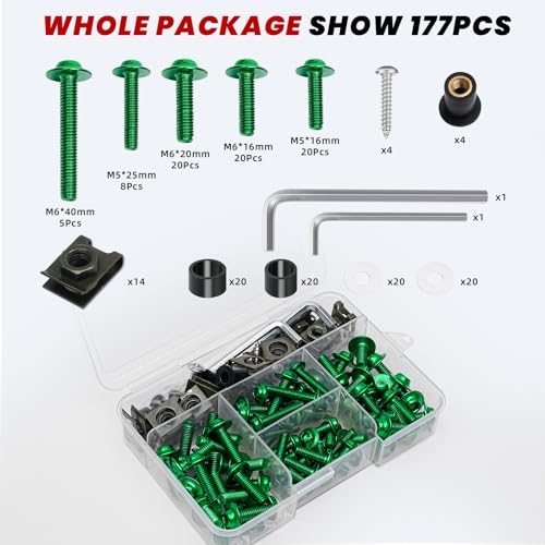 Image of Green Motorcycle Fairing Bolt Kit 177Pcs, M5 M6 Stainless Steel | Storage Box, Chrome Finished, Windscreen Screws Fastener Clips Universal Fit for Suzuki Kawasaki Honda Yamaha BMW Ducati GSXR