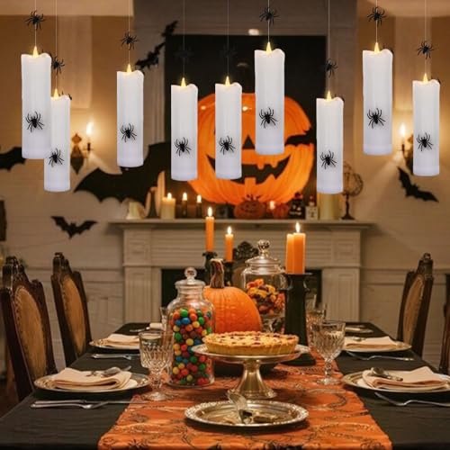 Image of Halloween Floating Candles Flameless with 3D Spider, Set of 4 Hanging Candles Floating with Fishing Line, Floating Candle with Remote, Halloween Candle with 3 Black Spider for Home Decor