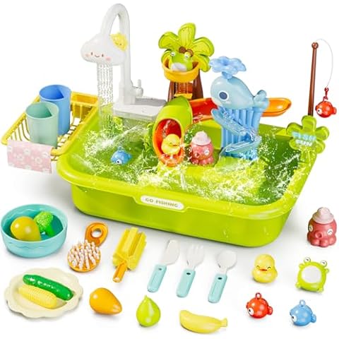 Wee Wonders 3 in 1 Play Sink with Running Water, Play Kitchen Sink Toy with Electric Faucet/Play Food/Pool Toys/Fishing Game, Pretend Play Water Table for Toddlers 3-5, Water Toys for Kids Ages 4-8 Cover