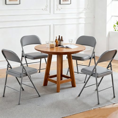 Image of Simple Deluxe Dining Chairs Set of 4, Leather Cushion Foldable Modern Kitchen Side Chair with Padded Back& Metal Legs, Upholstered Dinner Seat Gift for Home /Living Room /Bedroom /Restaurant, Grey