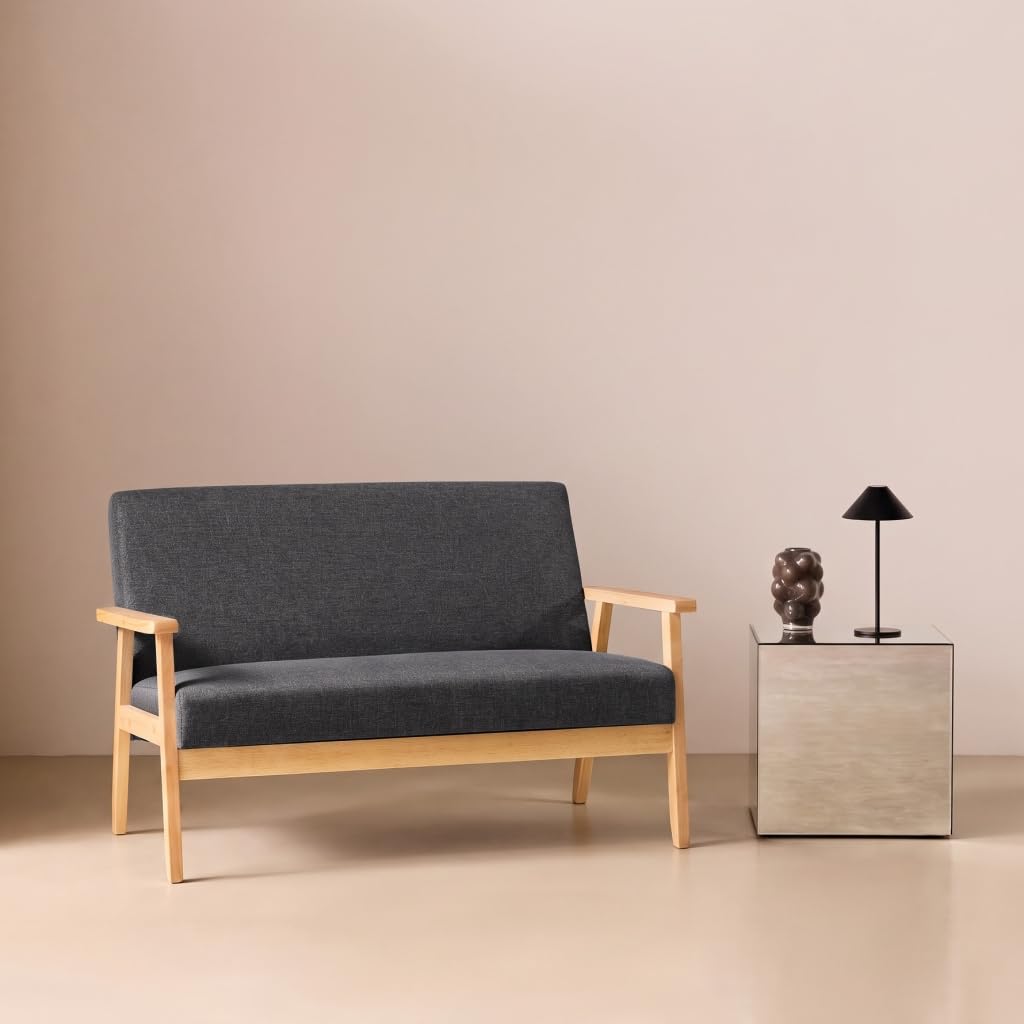 Alice's Garden Divano in tessuto con gambe in legno di gomma, 2 posti Grigio scuro - 114x69.5x73 cm