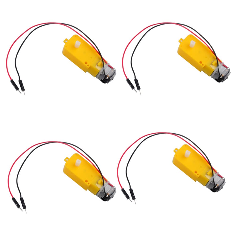 Four yellow TT DC Gearbox Motors with pre-soldered red and black Dupont wires.