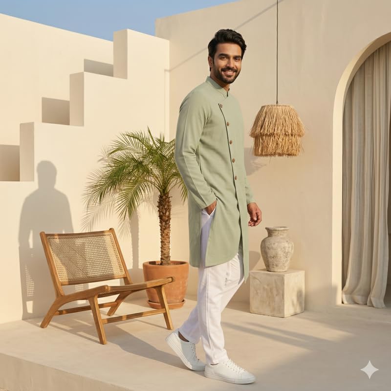 Image of OOMPH! Men's Ethnic Traditional Asymmetric Kurta Polycotton Regular Fit | High Neck Full Sleeves | Traditional Indian Festive Kurta | Stylish Casual and Wedding