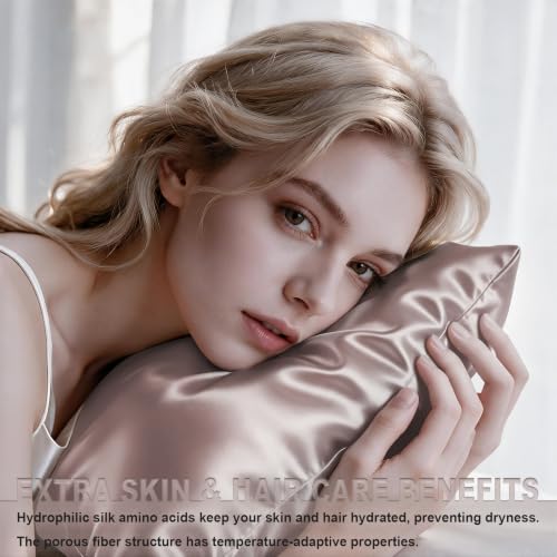 Image of LYSHIN Silk Pillow Cases Queen Size with Hidden Zipper, Taupe | 19 Momme Mulberry Silk Pillowcase for Skin and Hair, Anti-Acne, Hypoallergenic, Cooling, Beauty Sleep, Gifts for Women