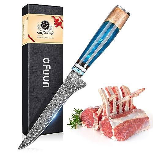 oFuun Cuchillo de Deshuesar Damasco, 15CM Cuchillo cocina de acero Damasco con caja de regalo, para deshuesar carne, aves, pollo, pescado