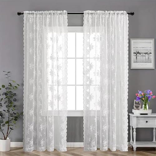 PORFOYO Lot De 2 Rideaux en Dentelle, Rideau en Dentelle, Blanc Rideau en Tulle Voilage pour Salon, Fenêtre, Cuisine Transparent 150 X 200 cm