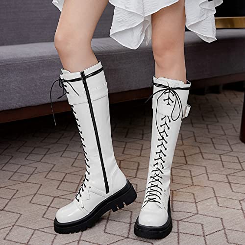 Trendenzy Womens Knee High Lace Up Combat Boots Chunky Mid Heel Motorcycle Riding Boots2