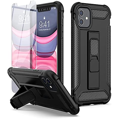 ORETech Designed for iPhone 11 Case, and [2 x Tempered Glass Screen Protectors] [Built-in Kickstand] Military Grade Shockproof iPhone 11 Case 360 Full Body Protective Silicone TPU Bumper Cover - Black Cover