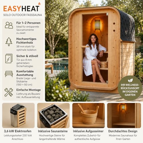 WELCON® EASYHEAT Solo Sauna tonneau d'extérieur 120 x 120 x 194 cm – Sauna de jardin en bois d'épicéa pour 1 à 2 personnes avec four électrique 3,6 kW 230 V, pierres de sauna et seau d'infusion – vue 2