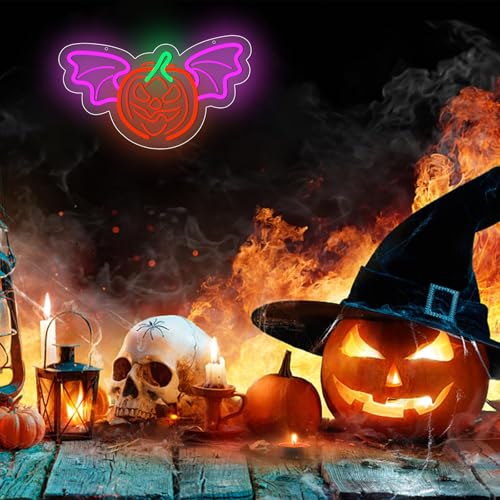 Image of ENUOLI Halloween Neon Sign Pumpkin Bat Neon Signs for Wall LED Lights Sign for Bedroom Dimmable LED Sign Neon Wall Light for Halloween Party Decoration Bedroom Bar Shops