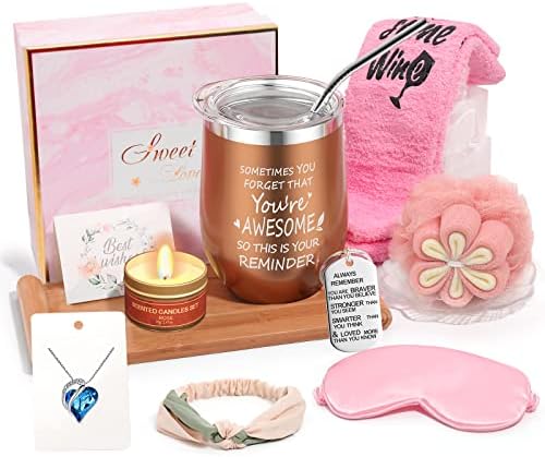 Birthday Gifts for Women Mum, Wine Tumbler Cupcake Funny Socks Mother's Day, 12 Oz Stainless Steel Double Wall Vaccum Wine Glass with Lid and Straw, Headbands, Sleep mask, Necklace, Scented Candle