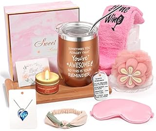 Birthday Gifts for Women Mum, Wine Tumbler Cupcake Funny Socks Mother's Day, 12 Oz Stainless Steel Double Wall Vaccum Wine Glass with Lid and Straw, Headbands, Sleep mask, Necklace, Scented Candle
