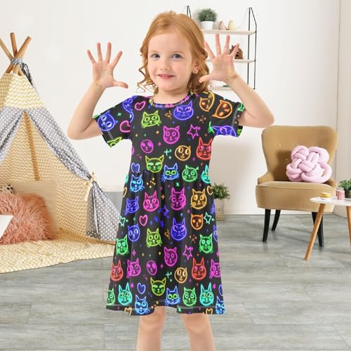 Neon Cat Starry Black Girls Summer Dress Toddler Casual Dresses Girl Short Sleeve Dress for Girls,2T4