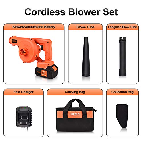 JUEMEL 20V Cordless Leaf Blower with 4.0 Ah Battery, 2 in 1 Sweeper/Vacuum Variable Speed Electric Leaf Blower for Blowing Leaf/Snow, Computer Host, Work Around The House