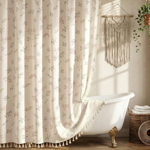 Blgiont Farmhouse Floral Shower Curtain with 12 Clear Rings Fabric Faux Linen Shower Curtain Set Vintage Cottagecore Shower Curtain for Bathroom 72 W x 72 L