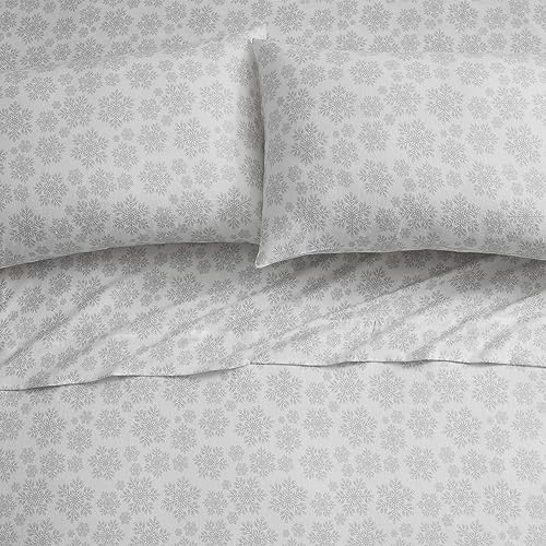 Image of Tahari Home - Full Sheets, 4-Piece Cotton Flannel Bedding with Matching Pillowcases, Brushed for Extra Softness, Cozy Home Decor (Snowflake Silver, Full)