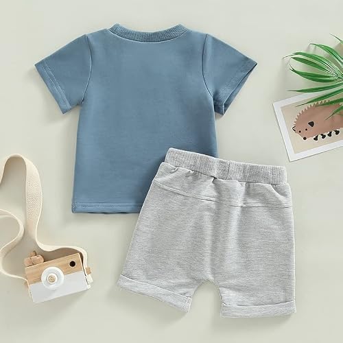 Toddler Baby Boy Clothes Letter Short Sleeve T Shirt Top Boys Shorts with Pocket Cute Summer Outfit 2Pcs Set (Little Dude Blue,12-18 Months) - Thumbnail 7