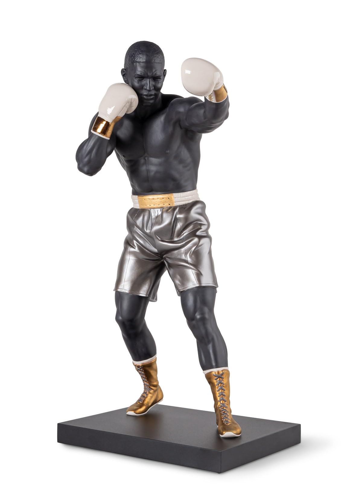 LLADRÓ Figurine en Porcelaine Boxeur en Noir avec des Détails Dorés. Figurine Décorative d'un Boxeur en Position d'Attaque