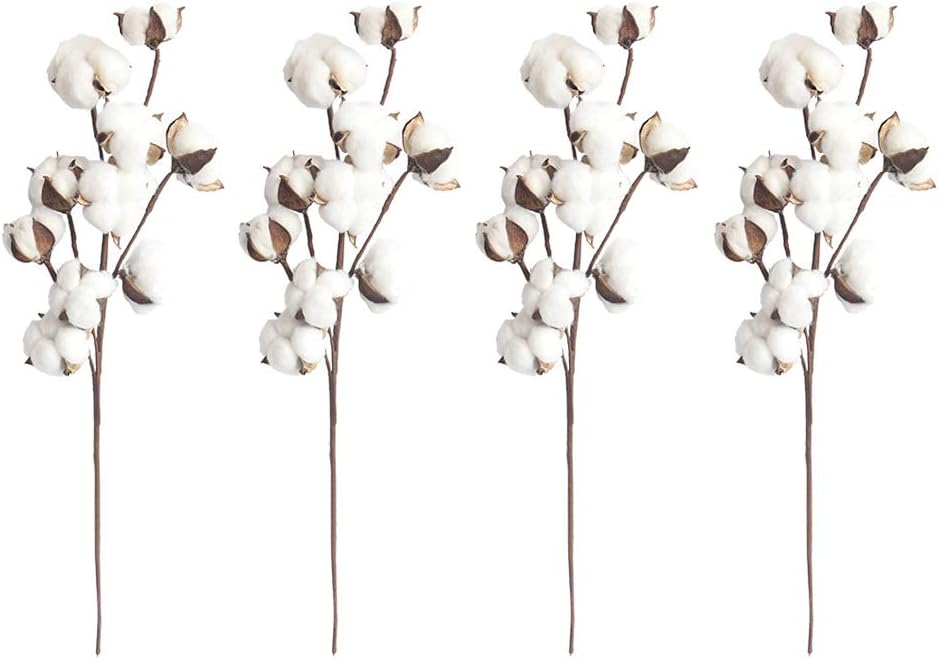 4 Pack Natural White Cotton Stems, 10 Bolls Per Stem 21 Inch Floral Picks Farmhouse Style Display Filler Real Cotton Floral Decor for Wedding House Furniture