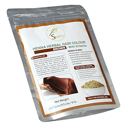 SVATV Henna Color de cabello Marrón con 9 Hierbas II Cabello Mehndi, Color de cabello natural II 227g, 0.5 lb, 08 oz