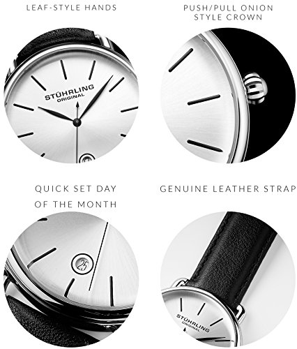 Stuhrling Original Mens Watch Calfskin Leather Strap - Vintage Style Lugs - Silver Analog Watch Dial with Date, 3913 Ascot Watches for Men Collection (Black/Silver) - Thumbnail 5