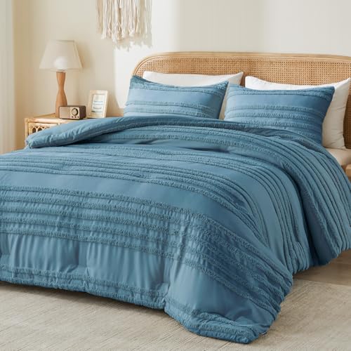Image of BEDELITE Boho King Size Comforter Set - Dusty Blue Tufted Striped Bed Set 3 Pieces, Soft Vintage Farmhouse Comforter for All Seasons, Boho Home Decor,Fluffy Jacquard Bedding with Pillow Sham