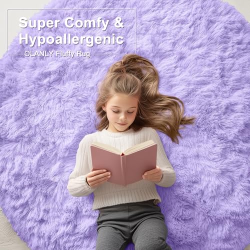 OLANLY Light Purple Round Rugs for Bedroom - Machine Washable, 2 ft Circle Area Rugs for Living Room, Soft and Fluffy Shaggy Carpet for Teen Girls and Boys, Nursery Rooms, Dorms, Home Decor Aesthetic