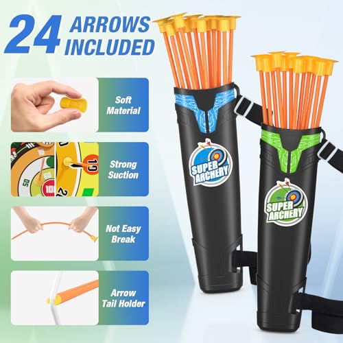 HYES 2 Pack Kids Bow and Arrow with 29" Large Dart Board, LED Light Up Archery Set with 24 Suction Cup Arrows, Indoor Outdoor Sport Toys Gifts for 3 4 5 6 7 8 9 10 11 12 Year Old Boys Girls by HYES - Image 4