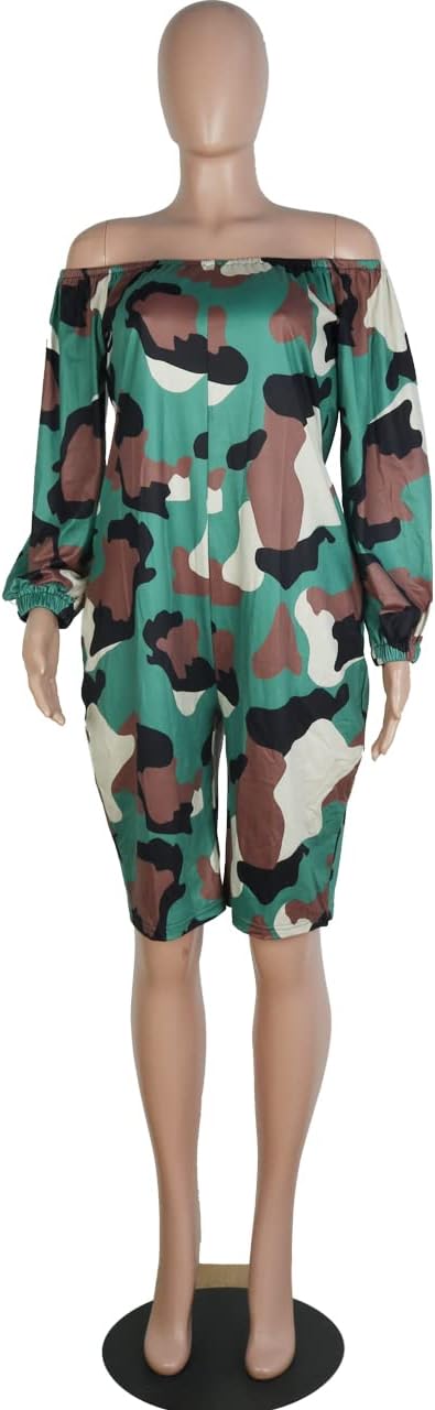 MESLIMA Women's Loose Fit Elastic Off Shoulder Beam Foot Long Sleeve Jumpsuit Rompers with Pockets Plus Size