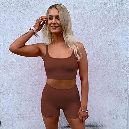 Abociw Women Seamless Workout Sets 2 Piece Ribbed Yoga High Waist Running Biker Shorts With Adjustable Camisole Sports Bra Outfits Tracksuits Gym Clothes Coffee Small #TOP5