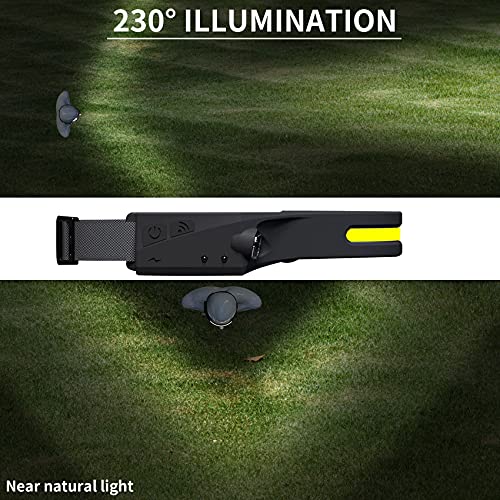 Rechargeable LED Headlamp with 230° Illumination, Waterproof, 4 Modes, Motion Sensor Headlamp, USB Headlamp for Hiking, Running, Fishing, Camping