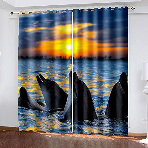 DRFQSK Vorhang Blickdicht Vorhänge Verdunkelungsvorhang Gardinen Mit Ösen Wohnzimmer Schlafzimmer Thermovorhang 3D Delfine Bei Sonnenuntergang Muster Ösenschal 2Er Set Fensterdekoration 160 X 100 cm( Cover